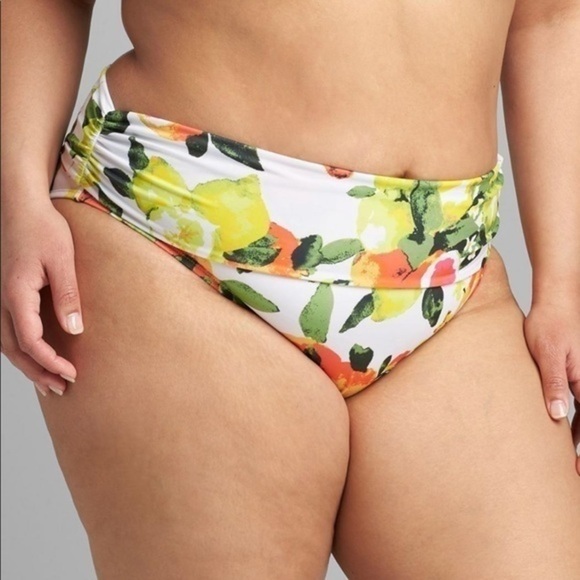 Lane Bryant Ruched Side High-Waist Swim Brief in Grapefruit - Picture 3 of 5